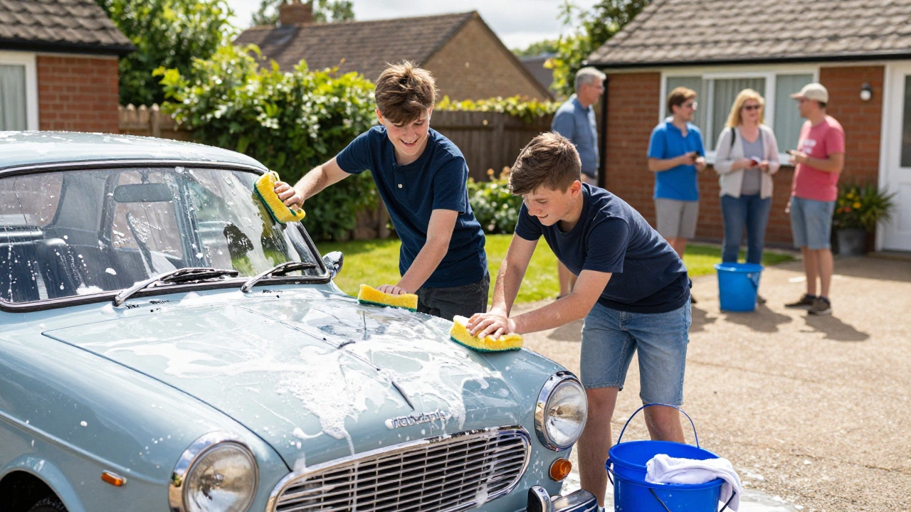 Teenagers washing a car for community fundraiser