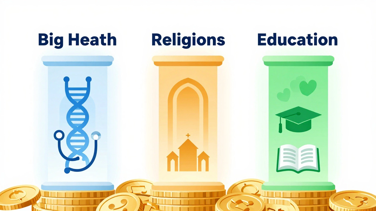 Three pillars representing health, religion, and education charities