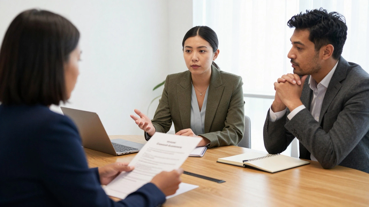 Three trustees discussing governance documents around a meeting table