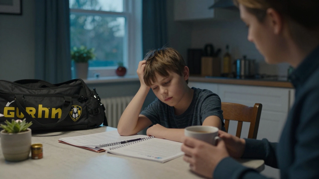Tired child at kitchen table with homework and sports bag, looking stressed