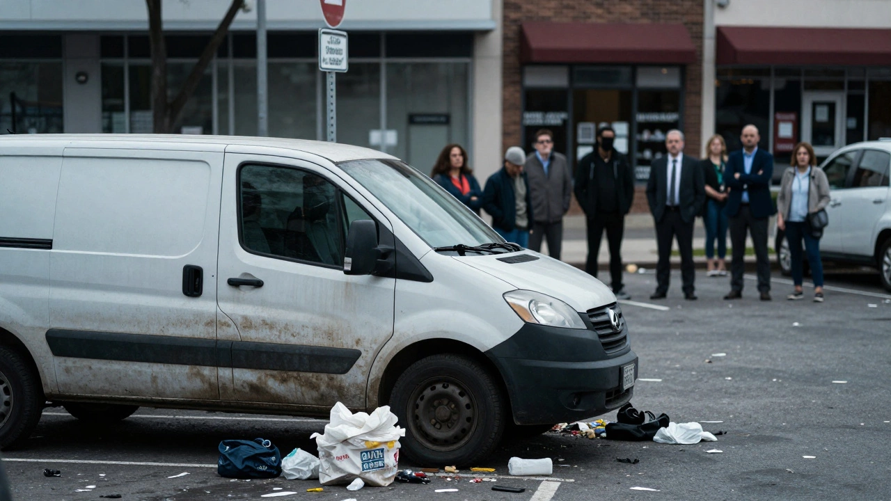 Van parked in commercial lot with trash, showing tension