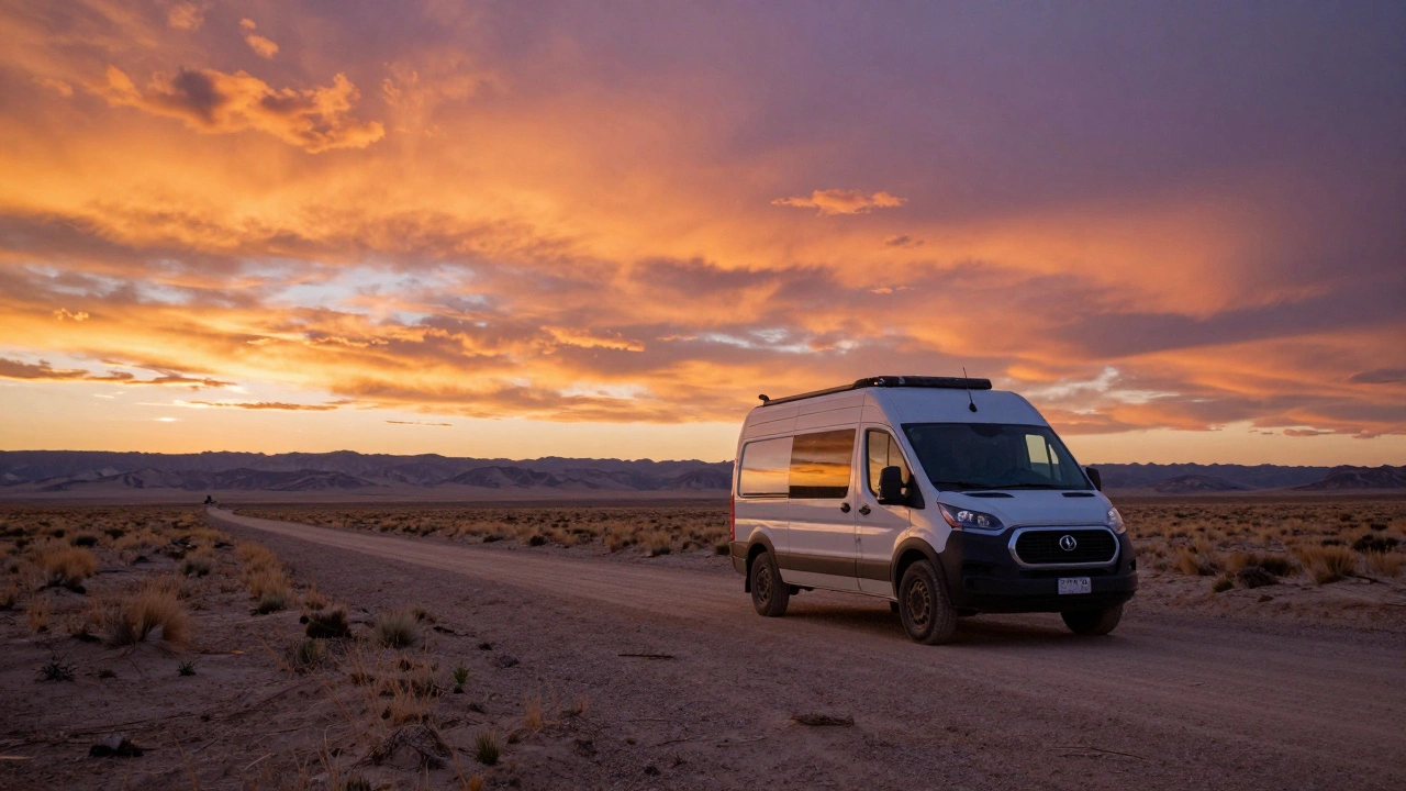 Van parked on open public land in the American West during sunset