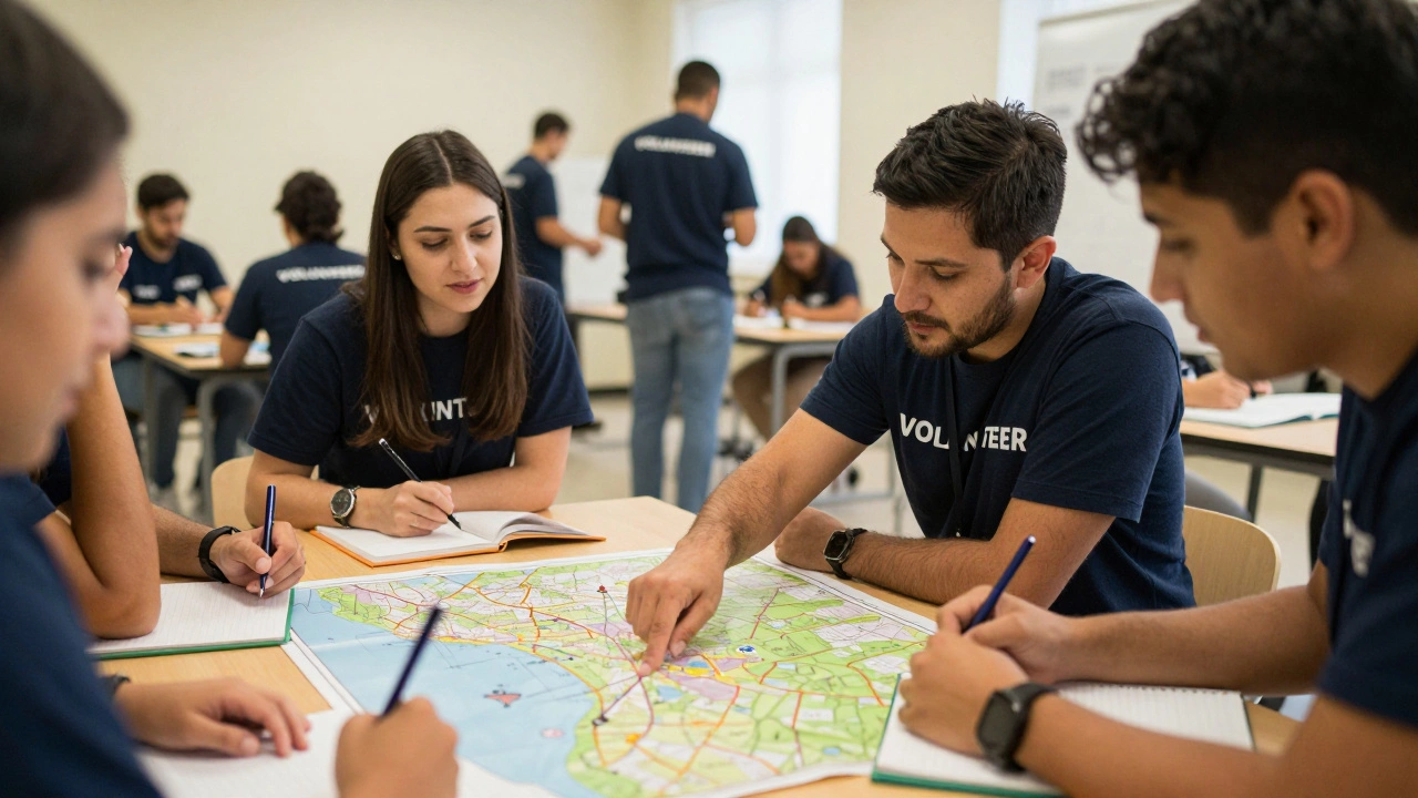 Volunteers planning outreach activities around a map