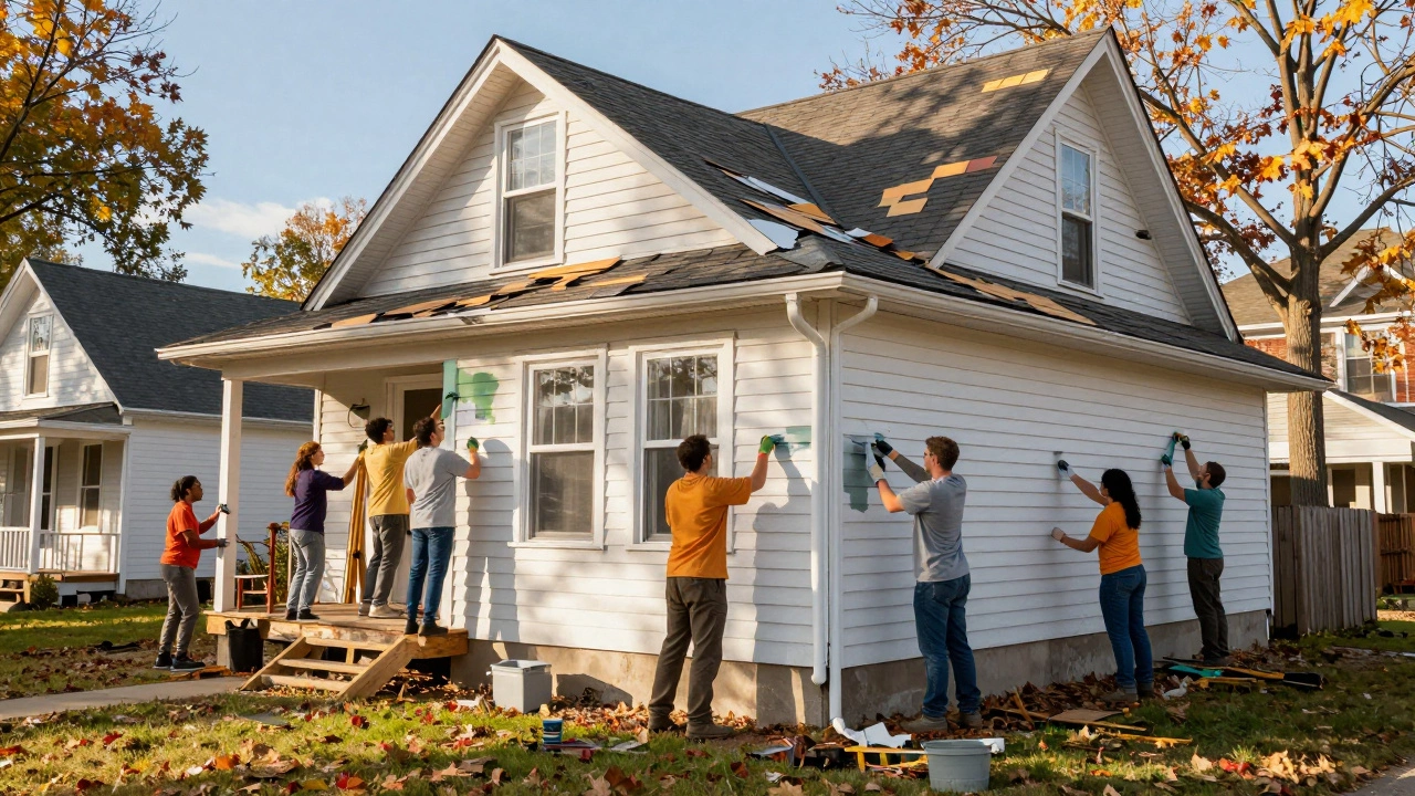 Volunteers repairing the exterior of an older home for a senior resident.