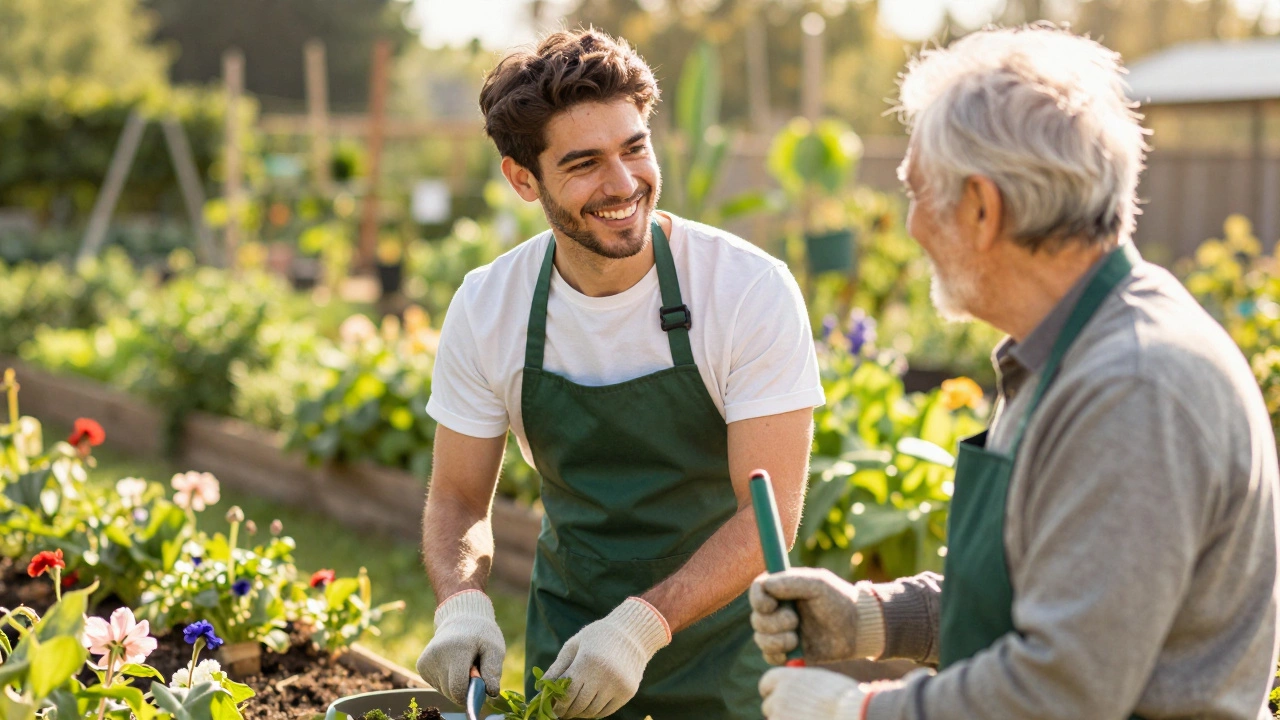 Young adult and senior gardening together in a community park