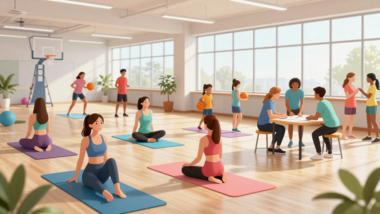 Young people exercising and socializing in a bright community gym
