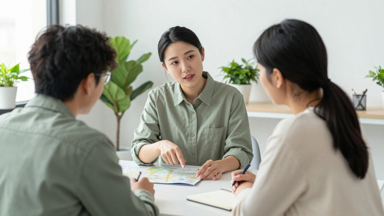 A caseworker guiding a client through resources in a supportive community office.