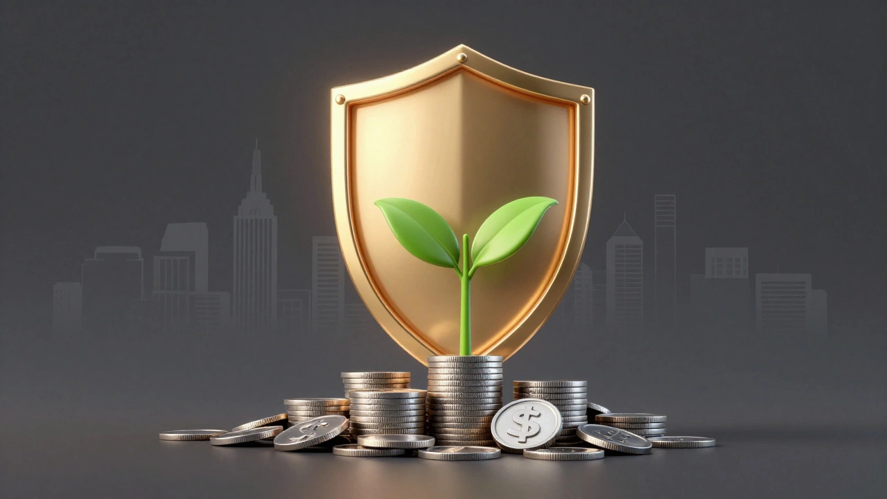 Abstract 3D render of a golden shield protecting coins and a growing plant