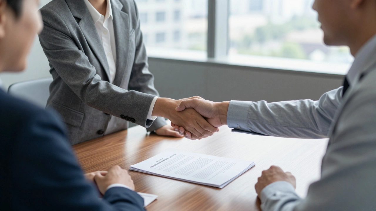 Business professionals shaking hands during a corporate sponsorship meeting
