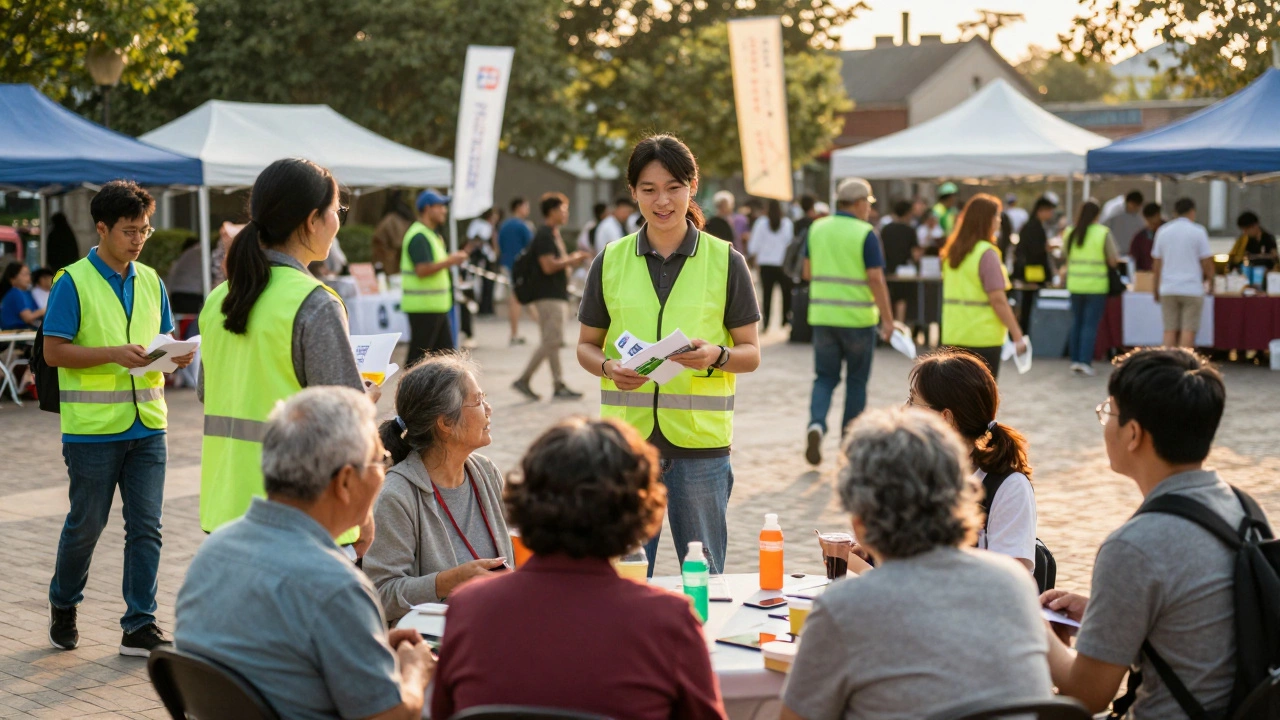 Busy community fair with volunteers engaging residents