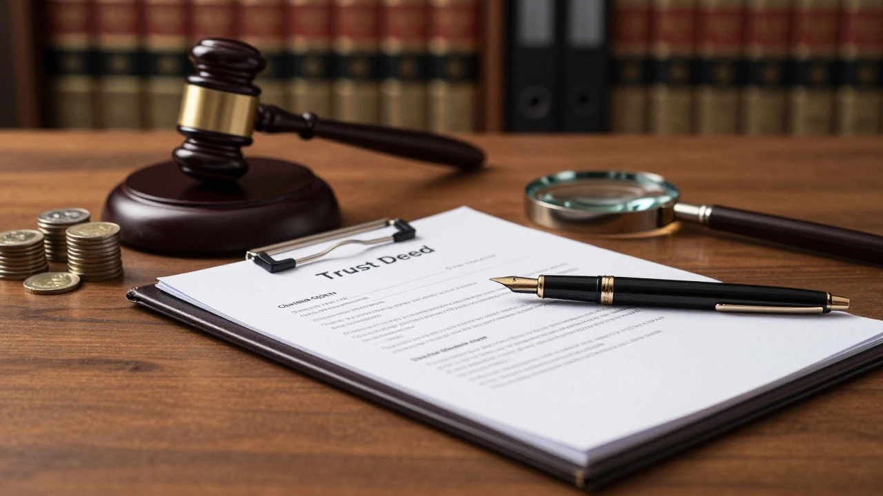 Close-up of a trust deed document on a desk with legal symbols and a fountain pen.