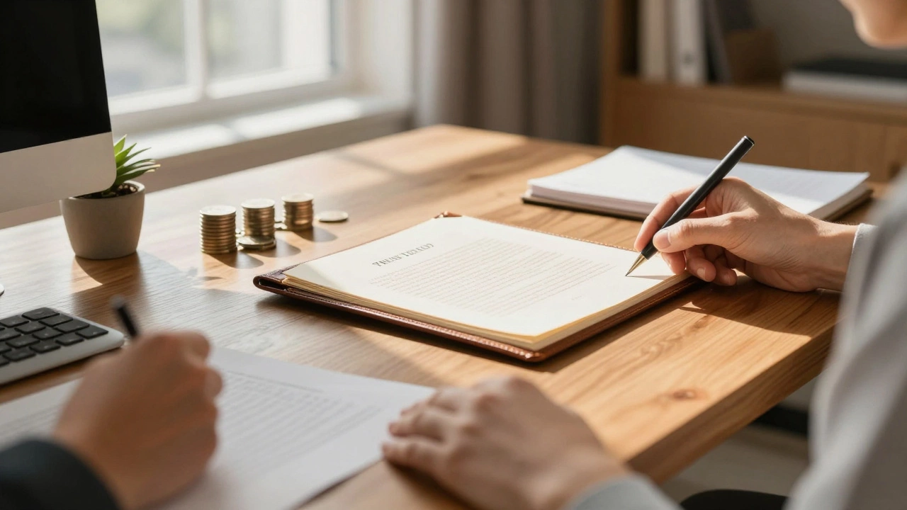 Close-up of trust deed and coins on a desk with trustees collaborating in background