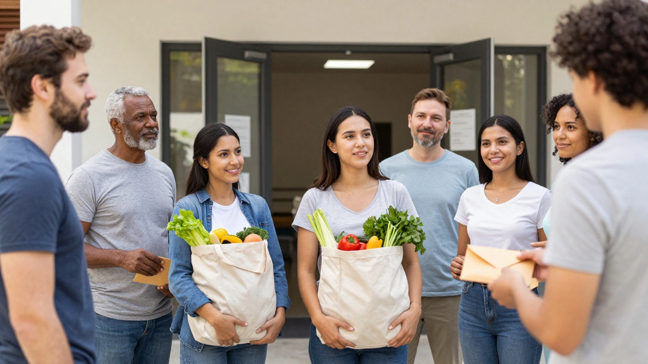 Community group outside shelter with groceries