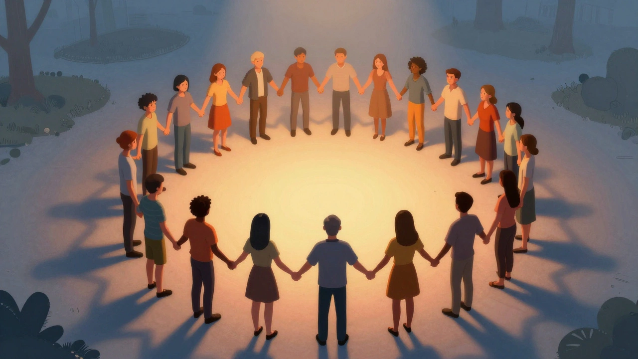 Community members holding hands in a circle, symbolizing support