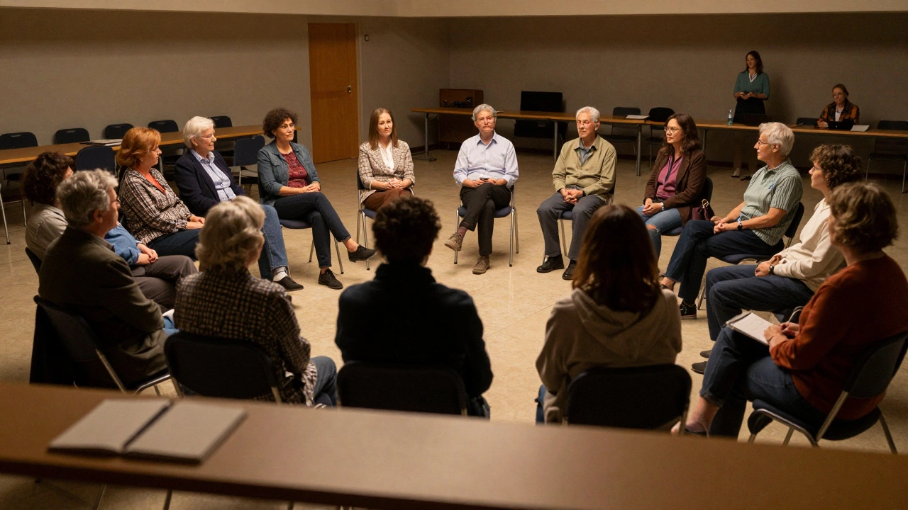 Community members sitting in a circle in a hall, discussing plans and building trust.