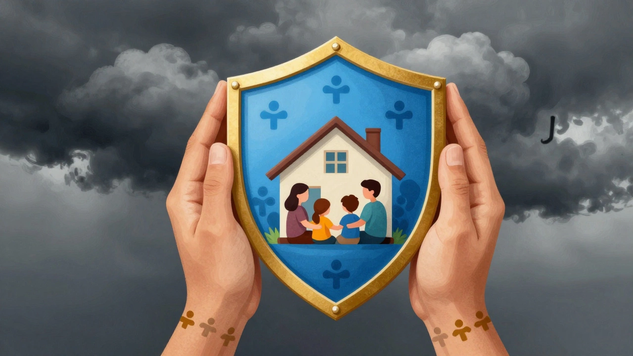 Conceptual art of a protective shield keeping a family safe in their home
