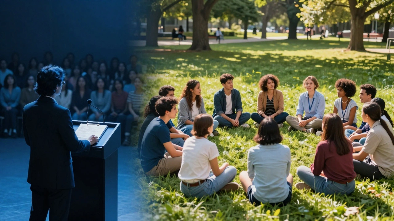 Contrast between one-way broadcasting and collaborative community dialogue