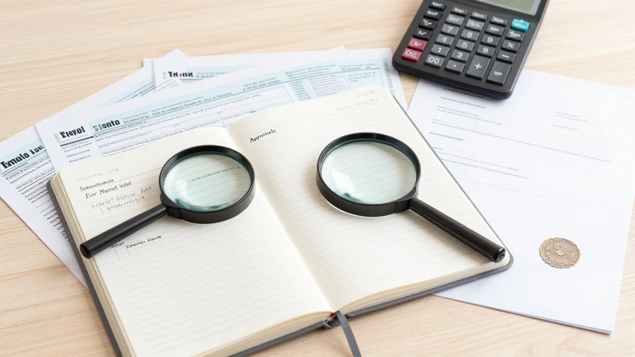 Desk with tax forms, receipts, and appraisal tools for donations