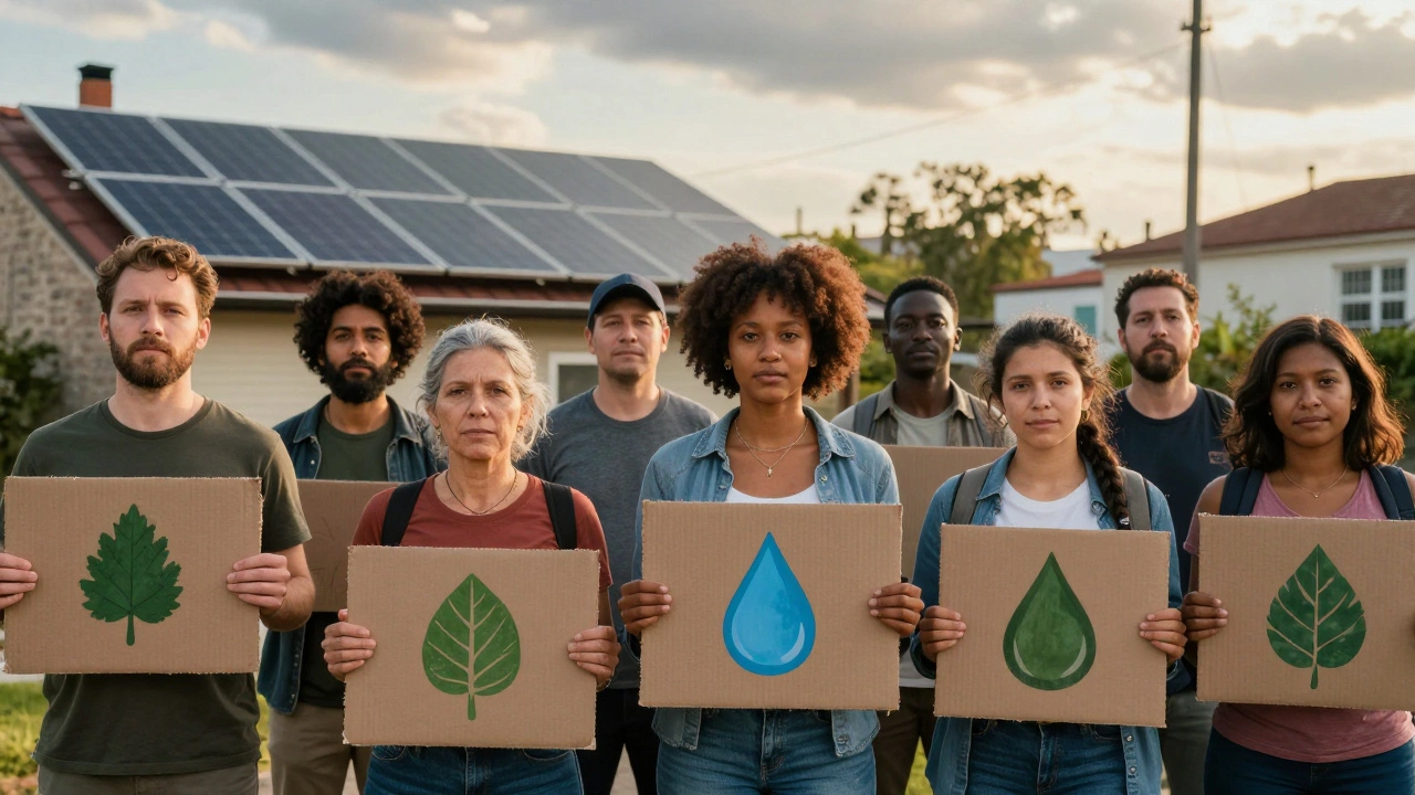 Diverse community group advocating for renewable energy in city