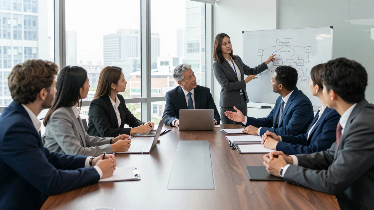 Diverse trustees collaborating in a modern meeting room for governance and strategy.