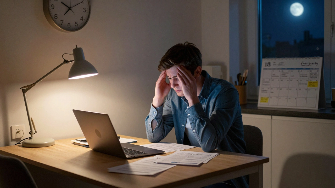 Exhausted worker at kitchen table surrounded by bills and busy calendar