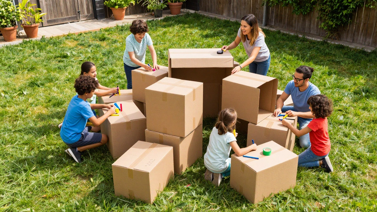 Family building a cardboard fort together in a green backyard