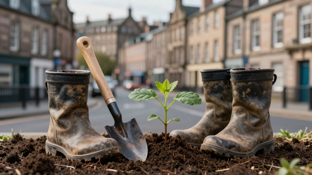 Gardening tools and a young plant symbolizing consistent community outreach efforts.