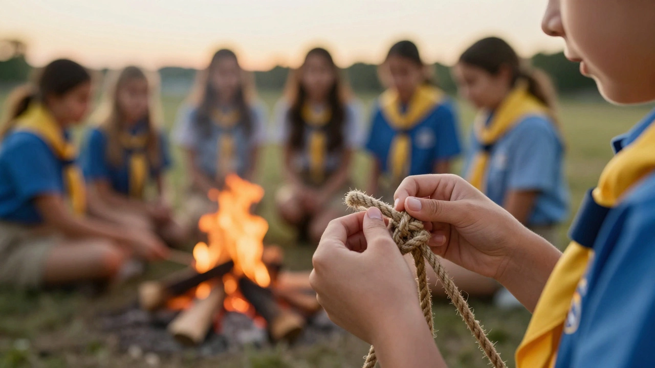 Girl tying knot in uniform near campfire at dusk