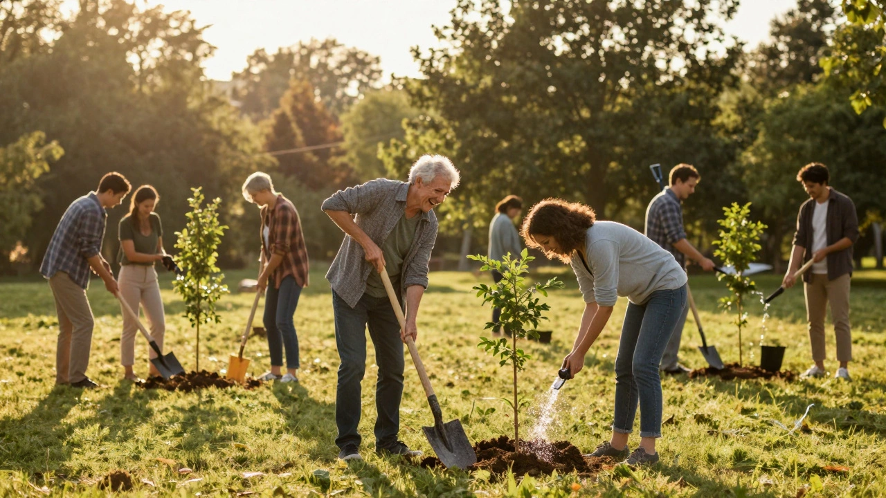 Group of diverse people planting trees together in a sunny park
