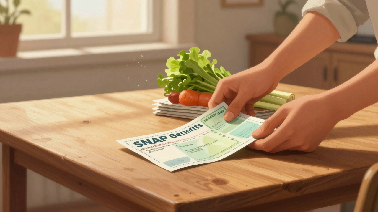 Hands placing groceries and bills on a table, symbolizing emergency financial relief.