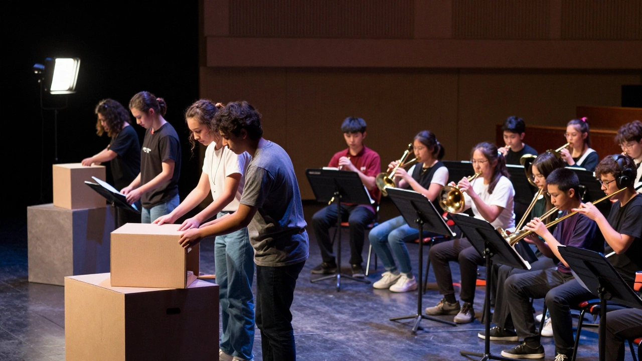 High school students collaborating on drama sets and playing instruments