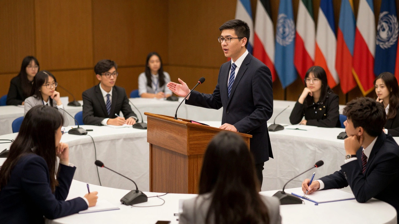 High school students debating at a Model UN conference table