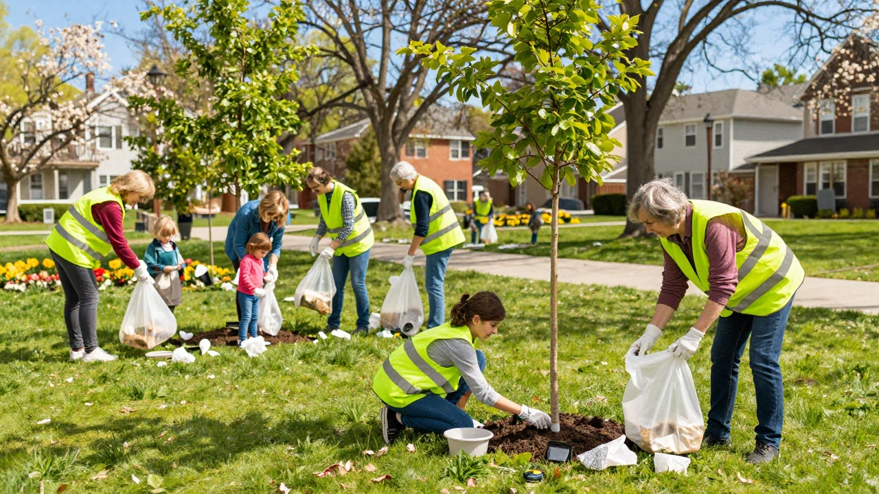 Neighbors participating in a vibrant outdoor park clean-up activity