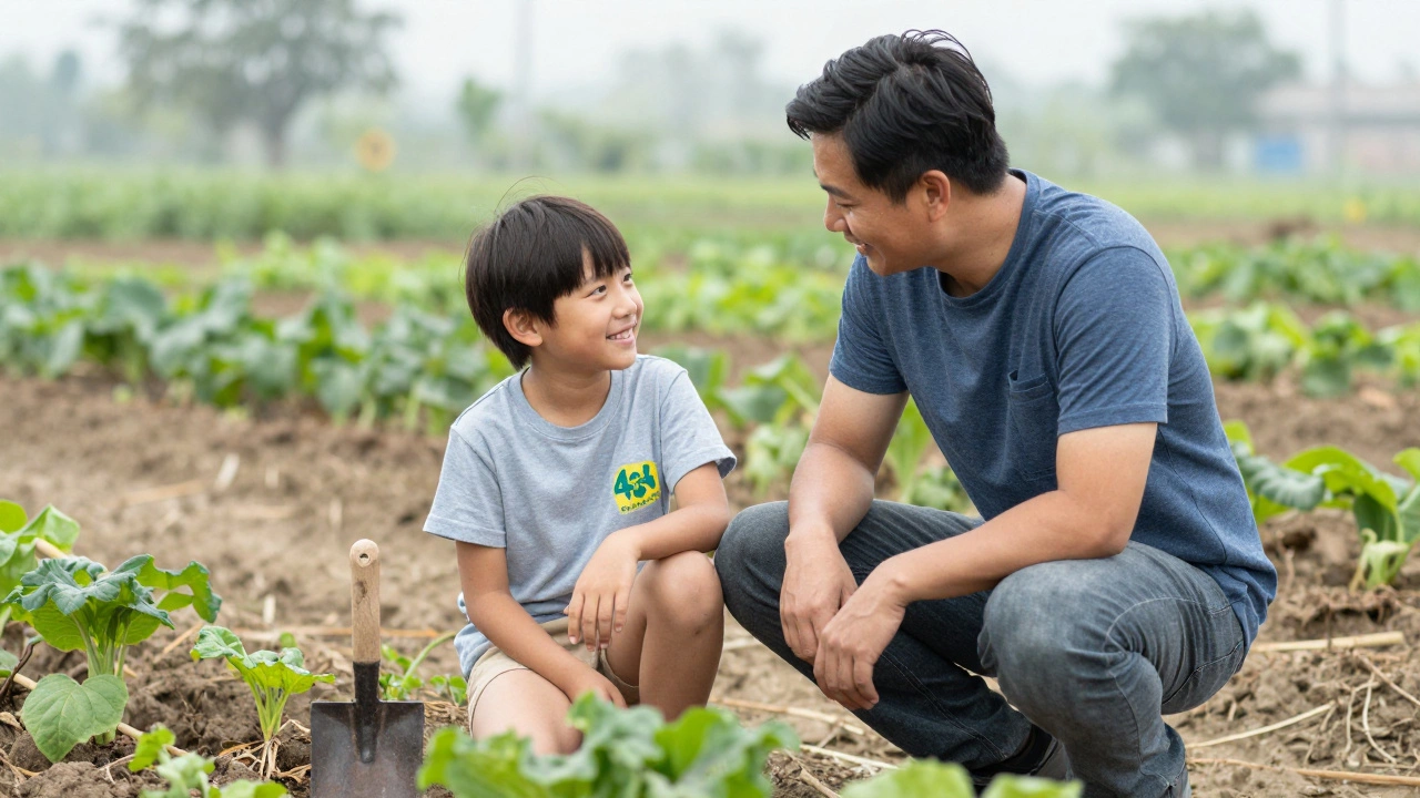 Parent talking to child in rural garden setting