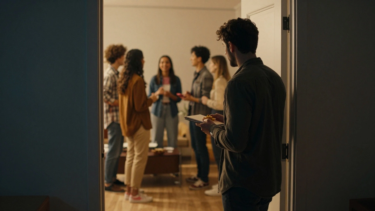 Person hesitating at the door of a warmly lit social gathering.