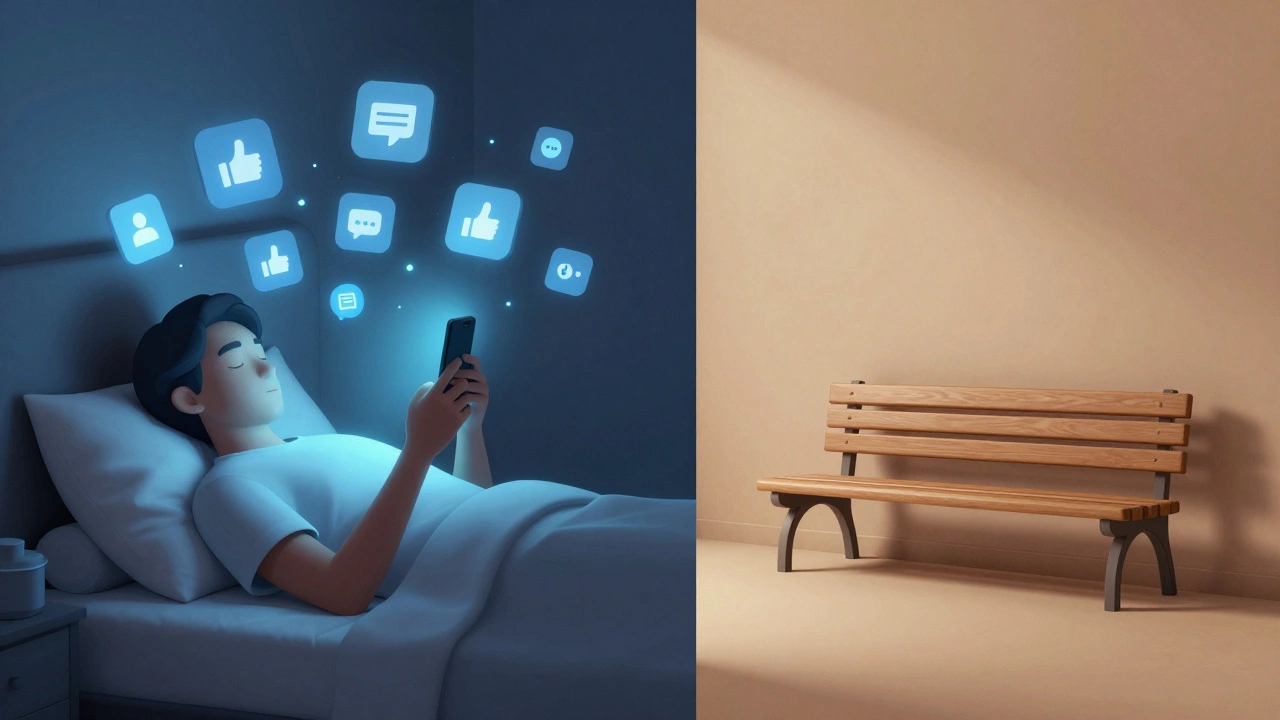 Person scrolling phone in bed versus empty physical volunteering space