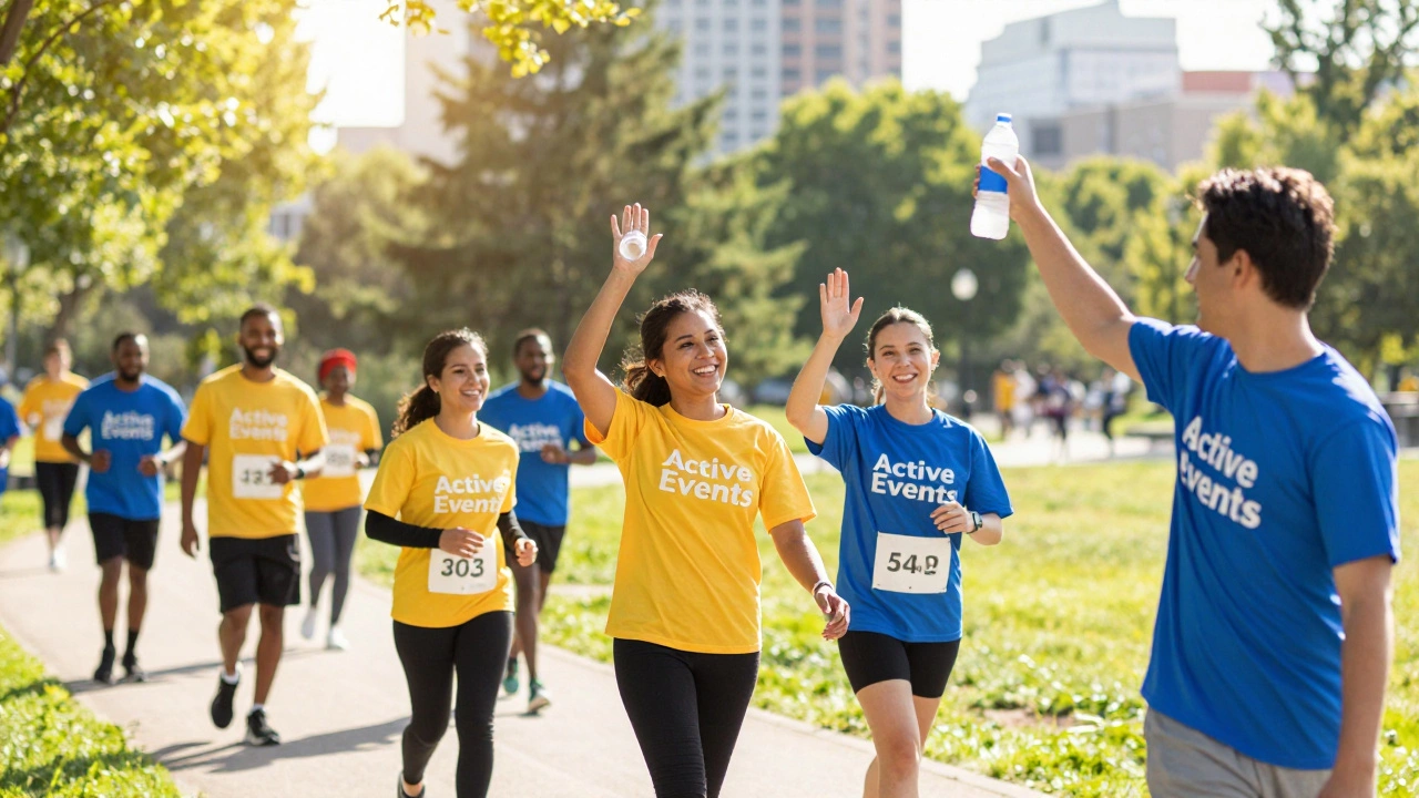 Smiling participants in a charity walkathon raising funds outdoors