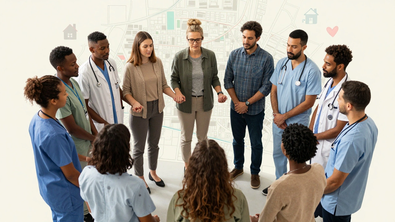Social workers and community leaders collaborating around a city map
