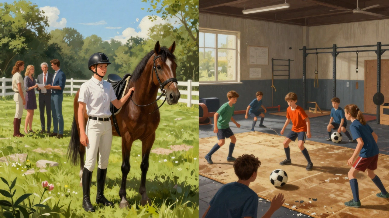 Split view contrasting an elite equestrian event with a community soccer game