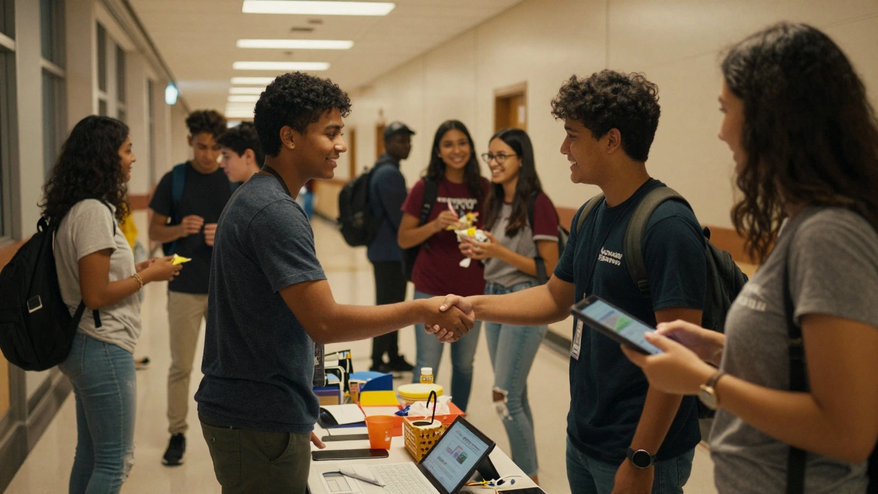 Students celebrating a successful community project with guests in a hallway.