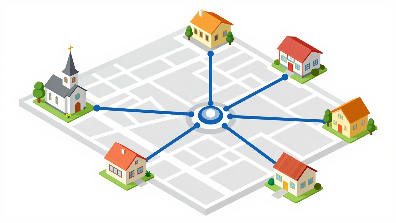 Stylized map connecting neighborhood stakeholders and resources