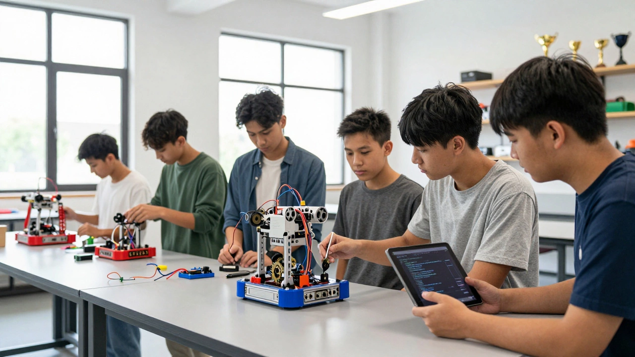 Teenagers building a robot in a bright school workshop