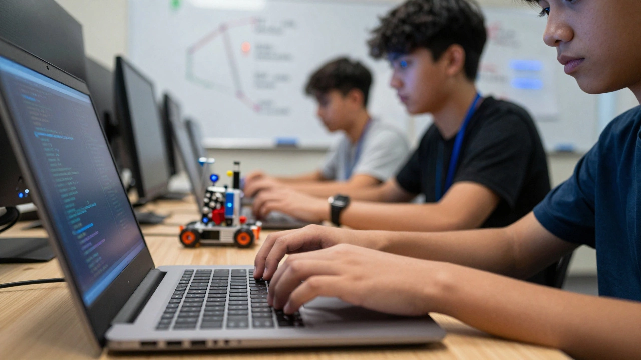 Teenagers intensely coding and collaborating at a robotics hackathon