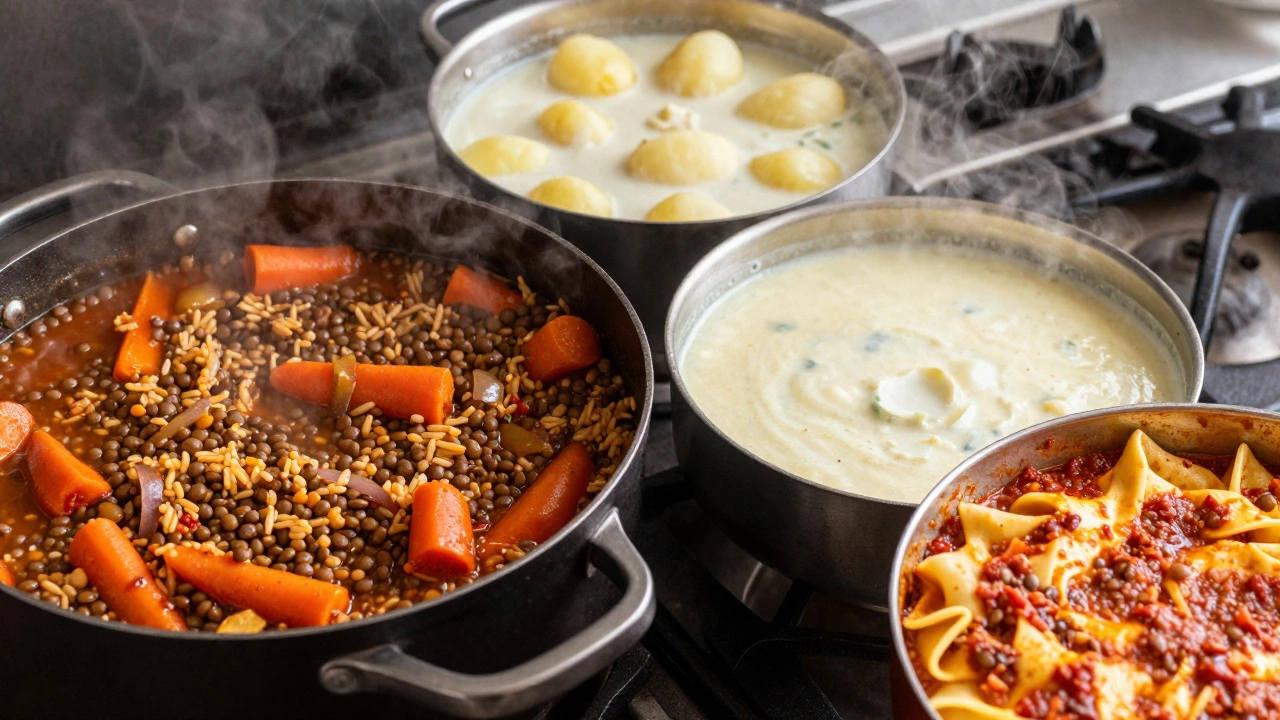 Three large pots of cheap, nutritious meals: lentil stew, potato soup, and pasta bake