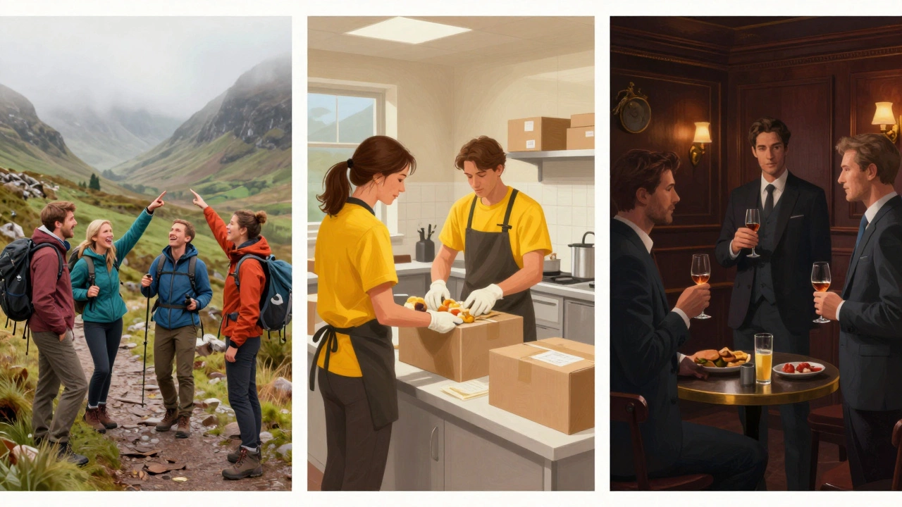 Three scenes showing hiking, volunteering, and a private club.