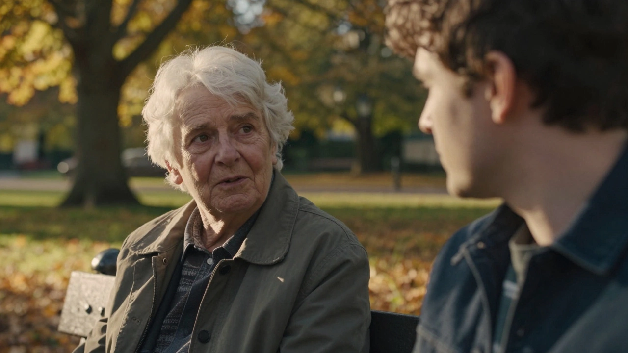 Two people having a heartfelt conversation on a park bench