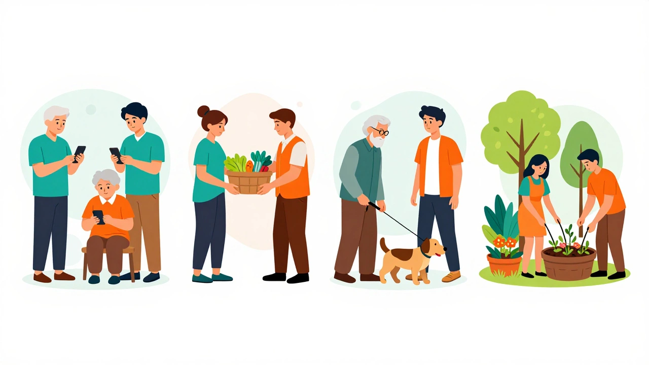 Vector illustration showing four types of community outreach programs: workshops, aid, mentorship, gardening.