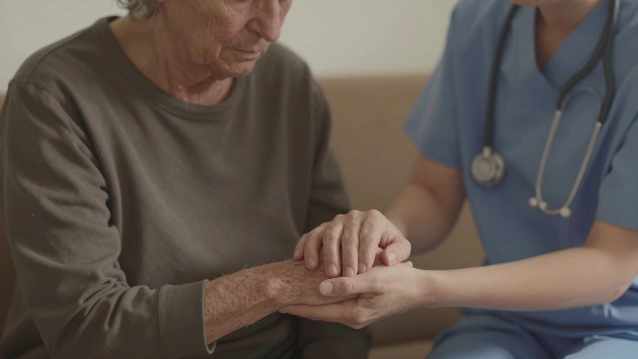 Volunteer holding hands with patient, weighed down by shadows, illustrating compassion fatigue.