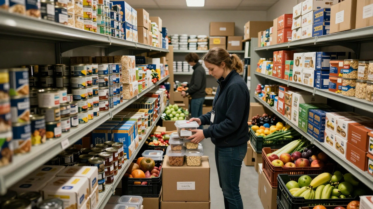 Volunteer organizing shelves of donated tinned goods and produce in a food bank