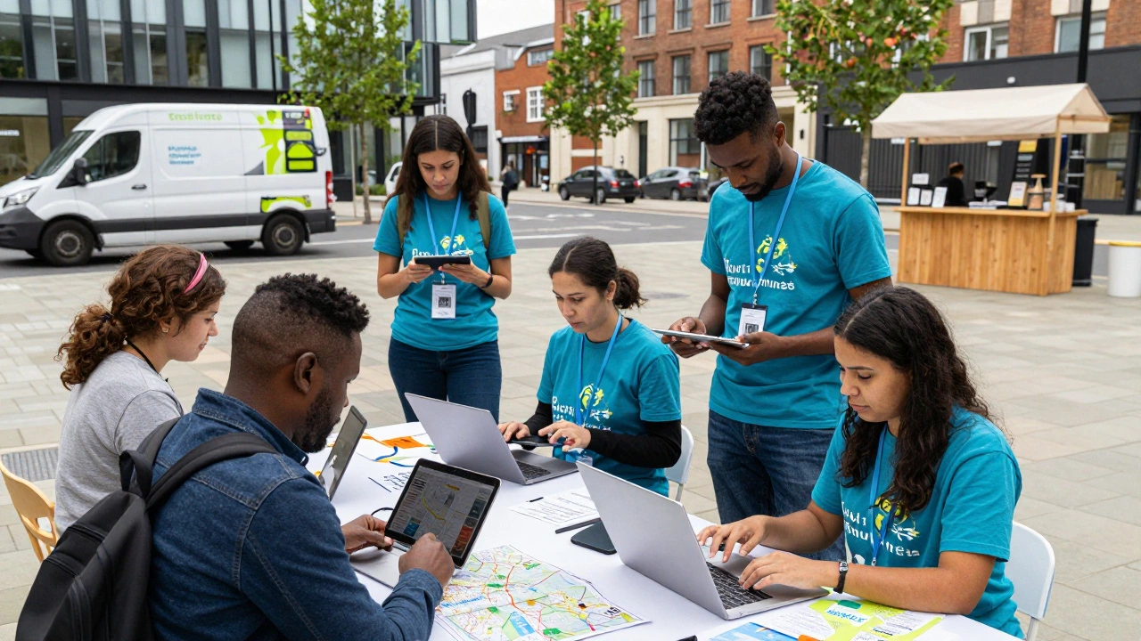 Volunteers and residents collaborating at a modern urban community hub